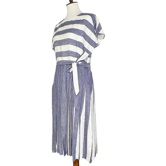 Hobbs London Women's Blue & White Striped Aria Pleated Linen Midi Dress Size‎ 10 - Picture 7 of 11